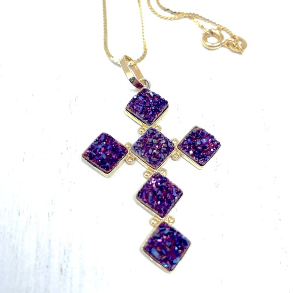 14K solid yellow gold and purple druzy cross pendant, NWOT, 2.3g - Picture 2 of 10
